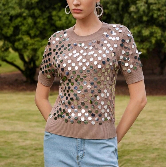 Elegant Novelty Embellished Sequin Knit Short Sleeve Sweater,Spring/Summer - Picture 5 of 5